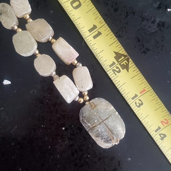 Vintage 70s Soapstone Carved Scarab Beaded Necklace Egyptian Revival Neutral - Picture 5 of 5